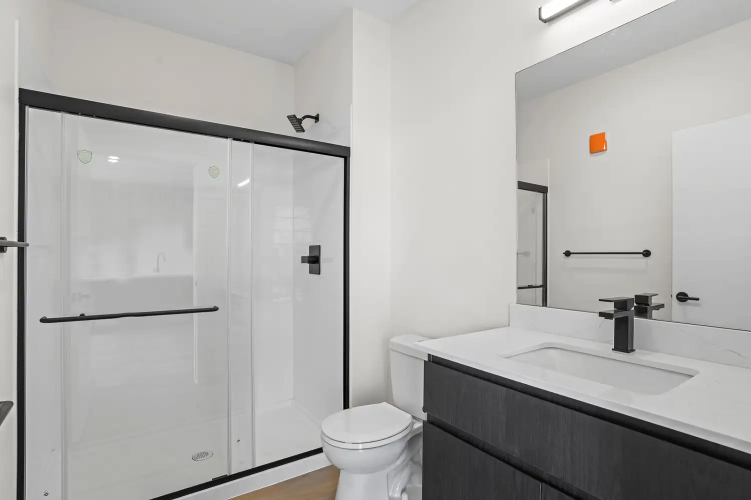 Modern bathroom with glass shower and vanity