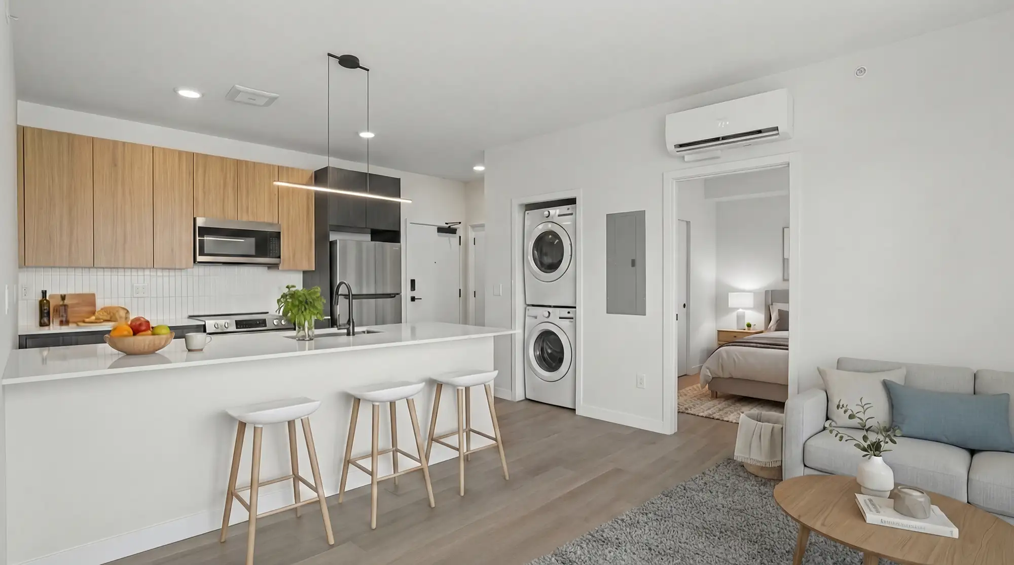Modern kitchen and living room with laundry area