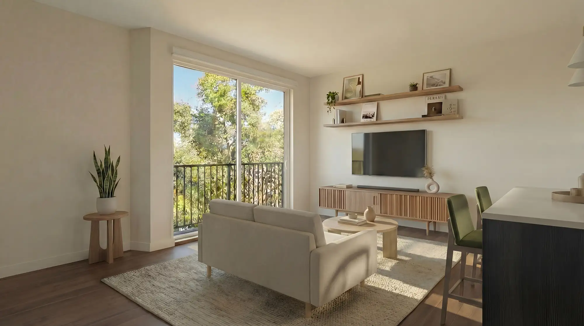 Modern living room with TV, sofa, and greenery.